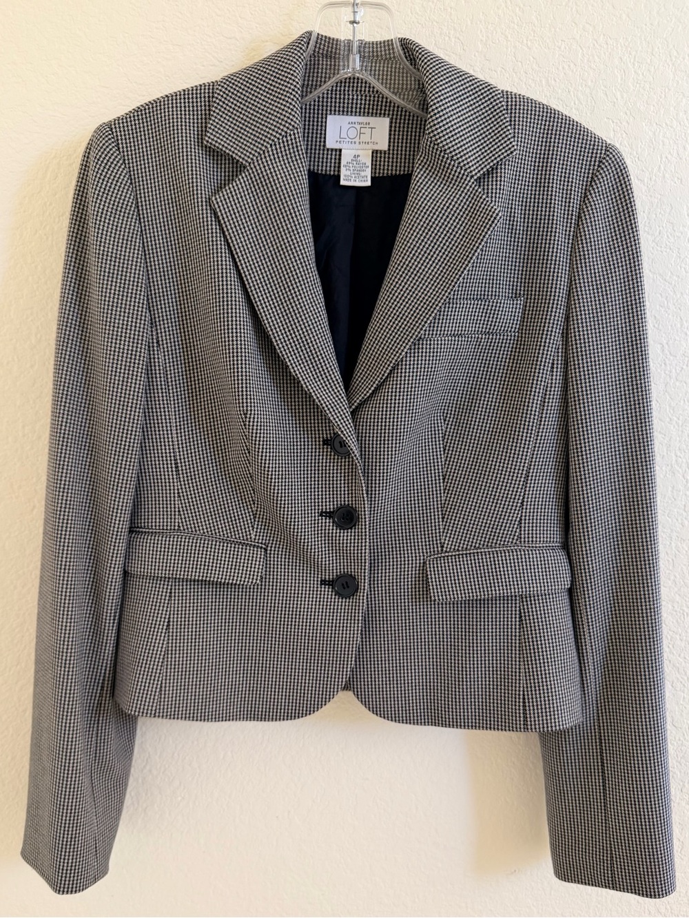 LOFT Black and White Cropped Micro-Checkered Tailored Blazer (Size 4P)